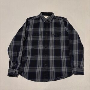 Wallace & Barnes Mens Plaid Flannel Shirt Navy Blue Grey Cotton Size Medium
